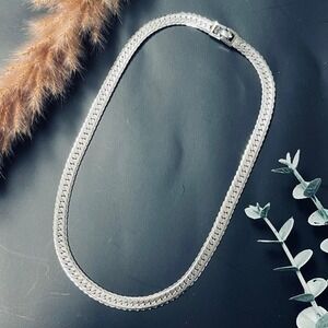 Signed Monet Collar‎ Chain Necklace | Textured Silver Toned Vintage Jewelry